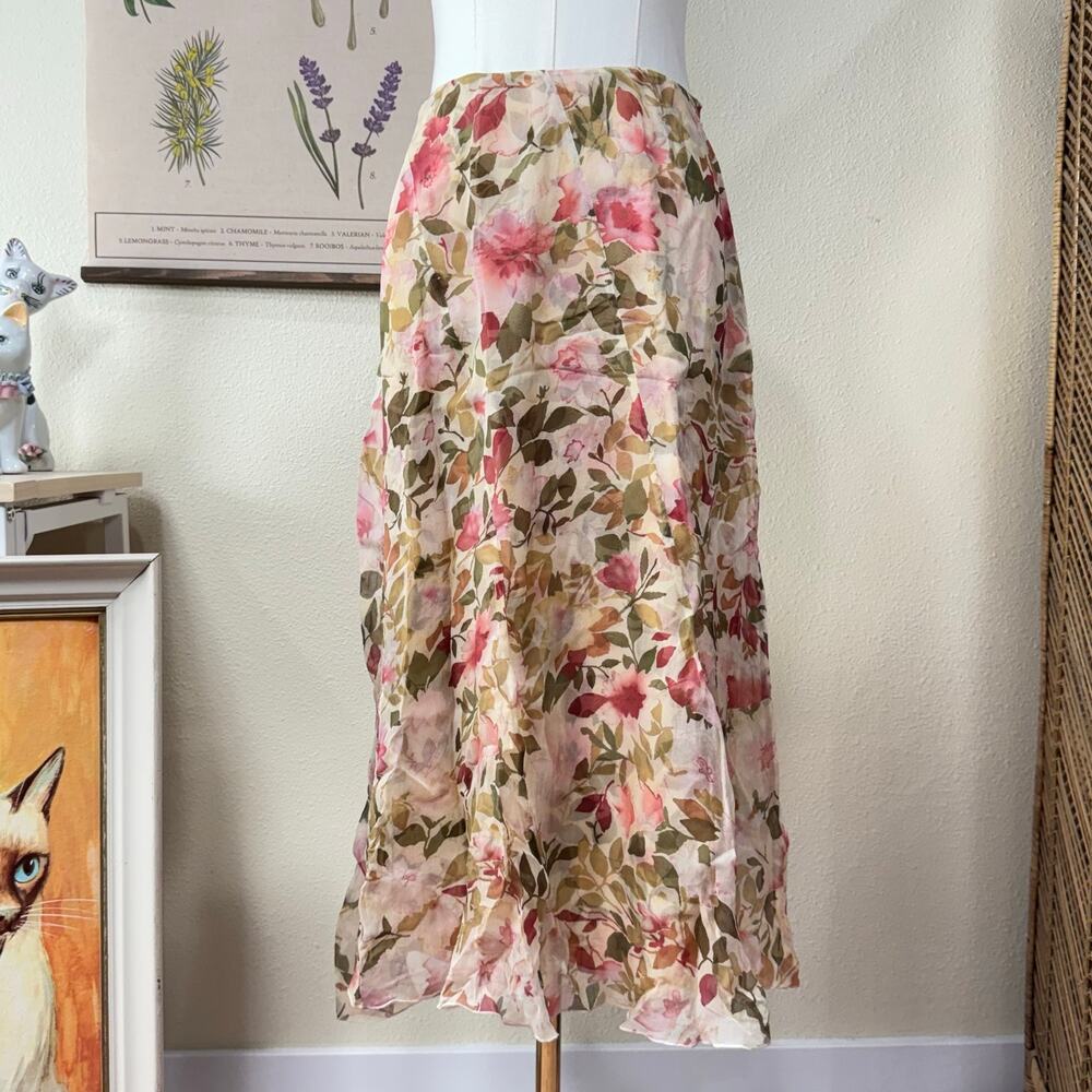 90s Y2k Floral Silk Midi Skirt Coquette Romantic Garden Party Fairy Dollette XS